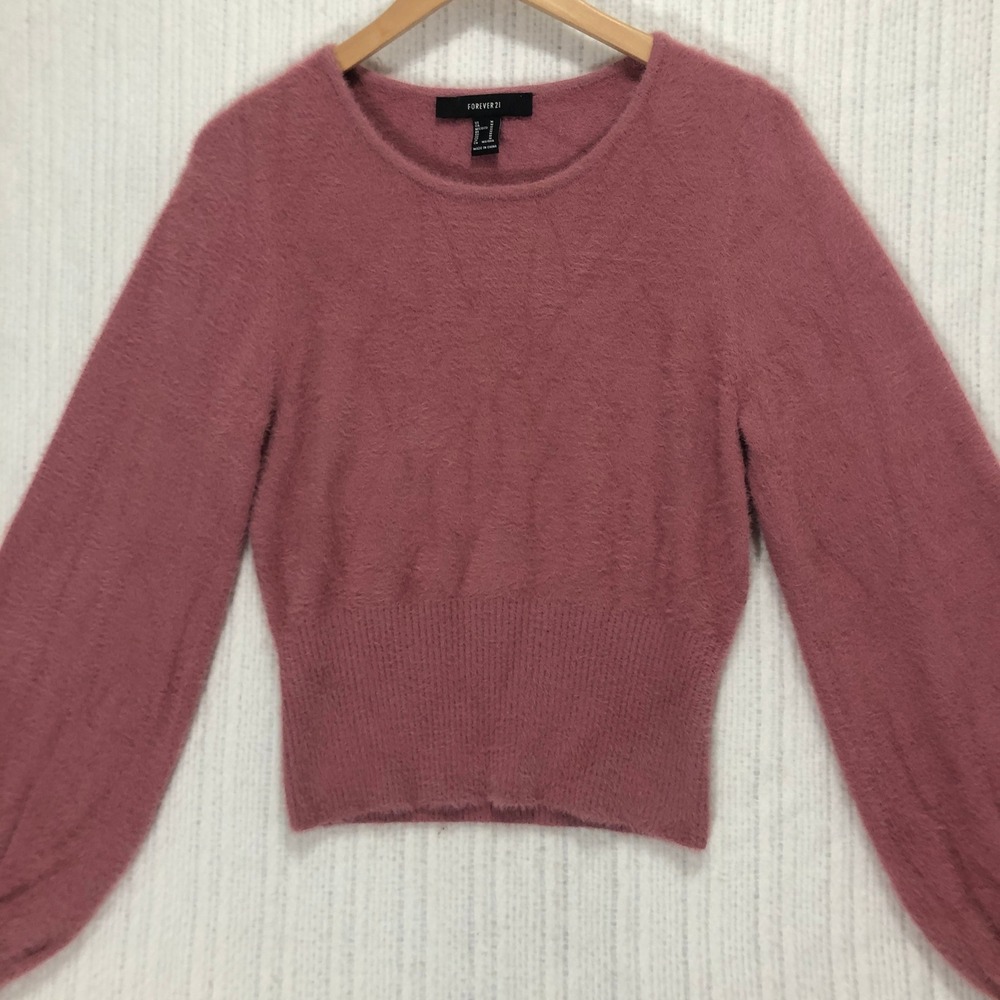 Forever‎ 21 Fuzzy Knit Sweater Balloon Sleeve Cropped Pullover Top M